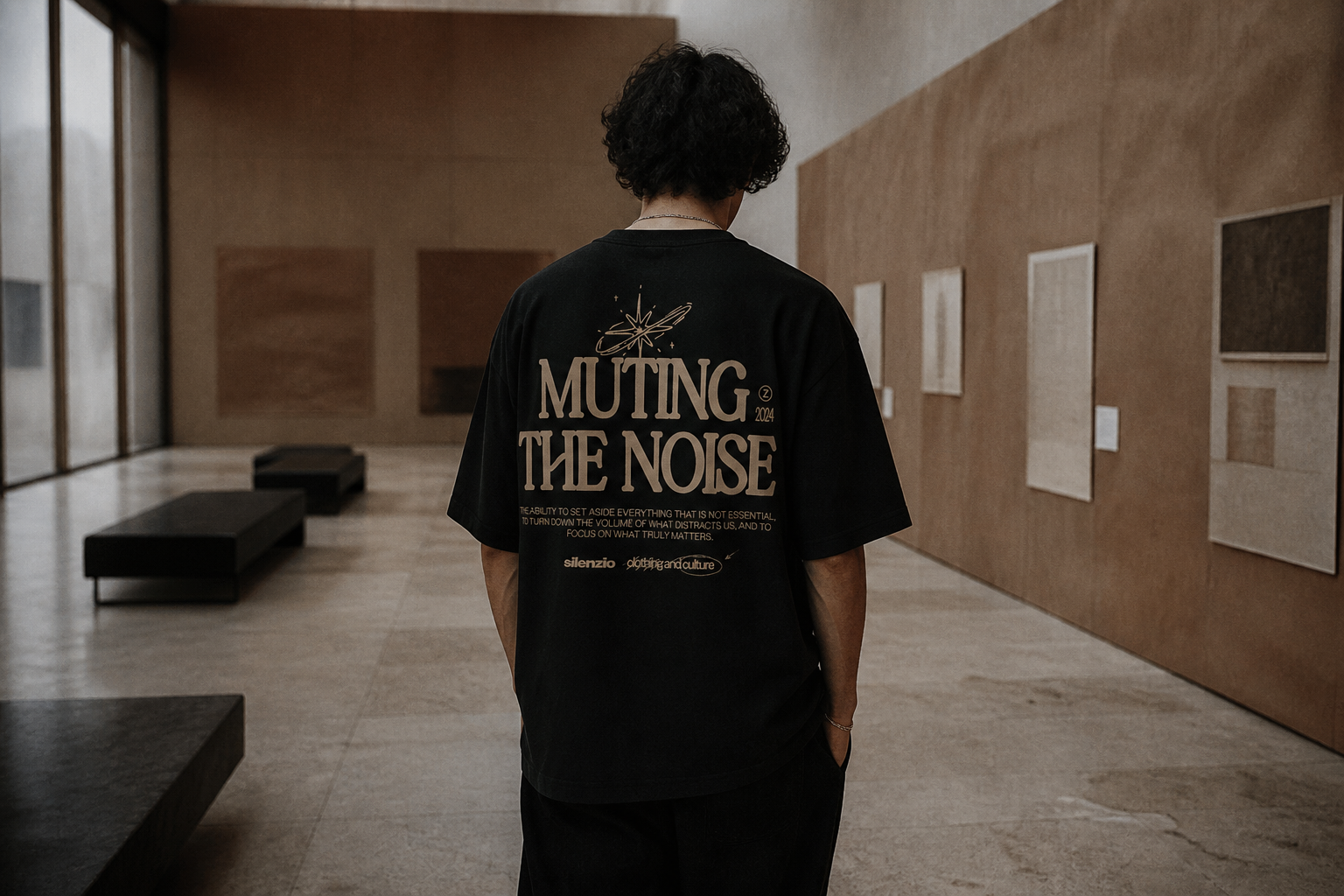 Persona de espaldas con el gráfico Muting the Noise en un interior en silencio